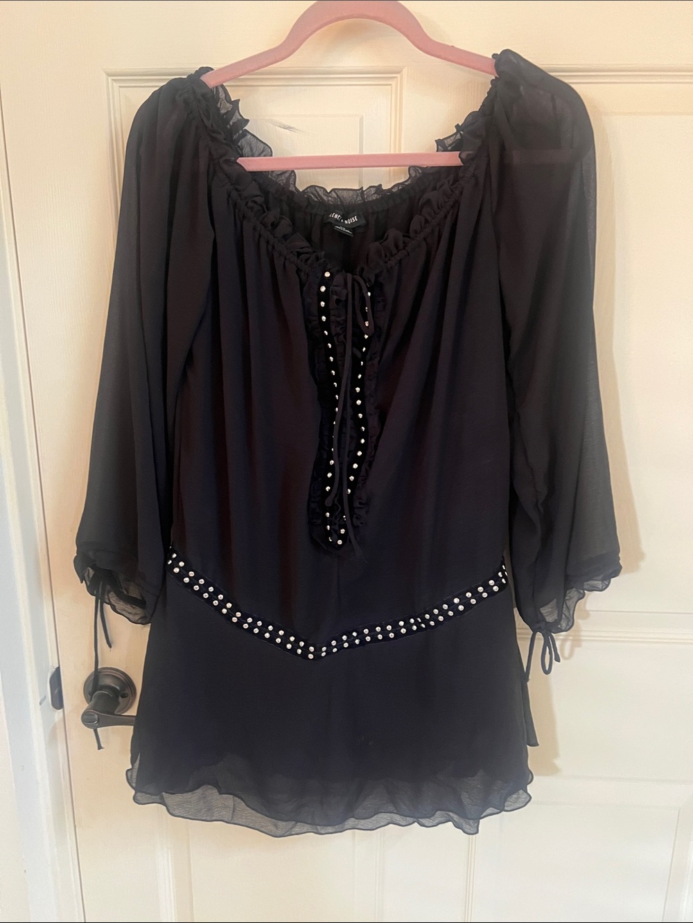 silence + noise Black Sheer Ruffle Peasant Top with Studded Waist